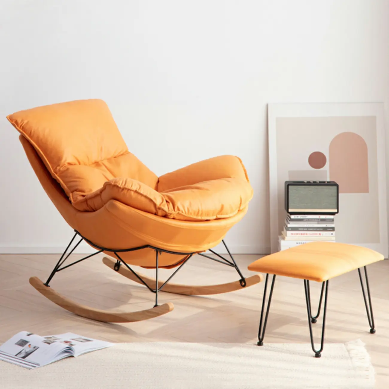 Mid Century Modern Upholstered Rocking Chair with Ottoman Image - 17 | homeyfad