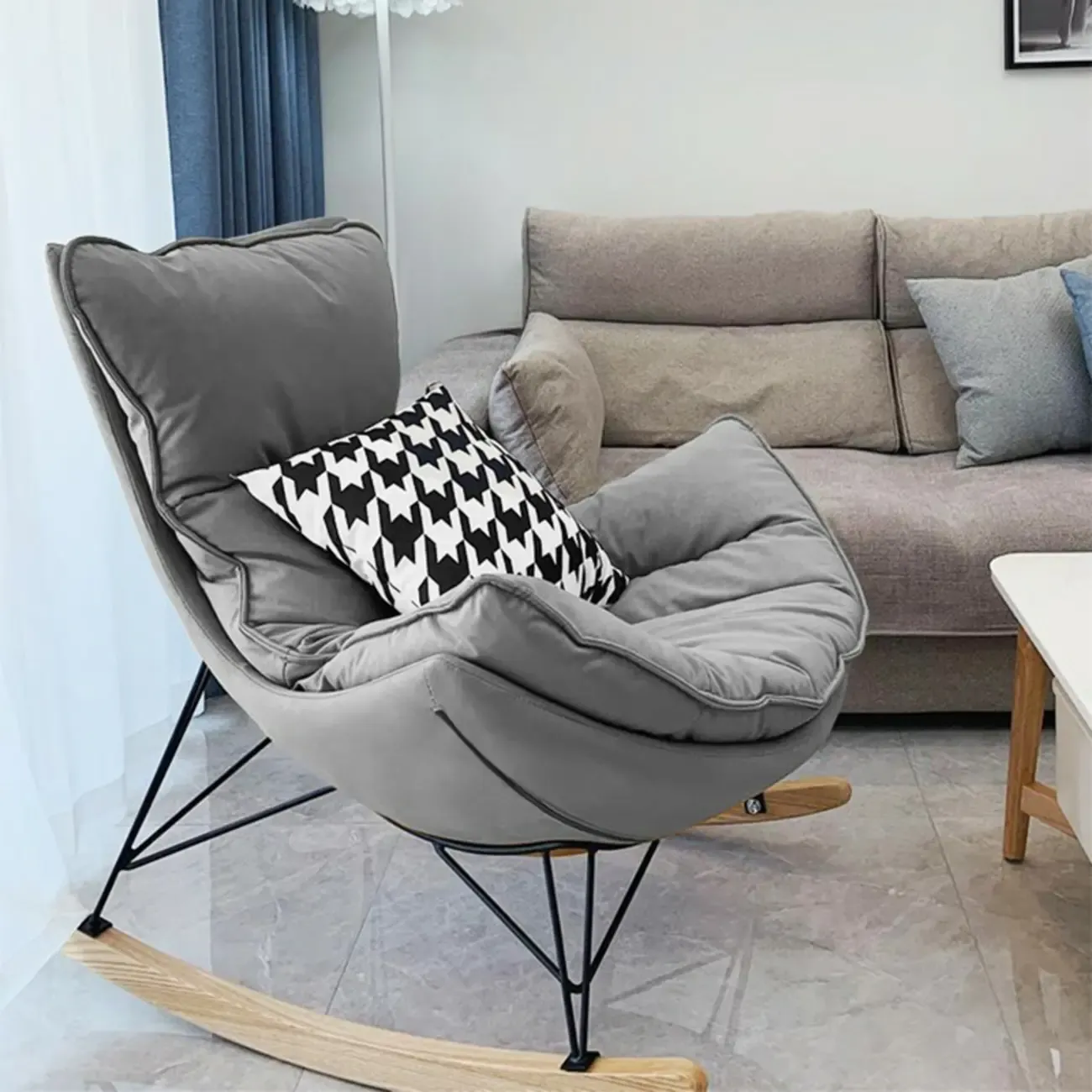 Mid Century Modern Upholstered Rocking Chair with Ottoman Image - 20