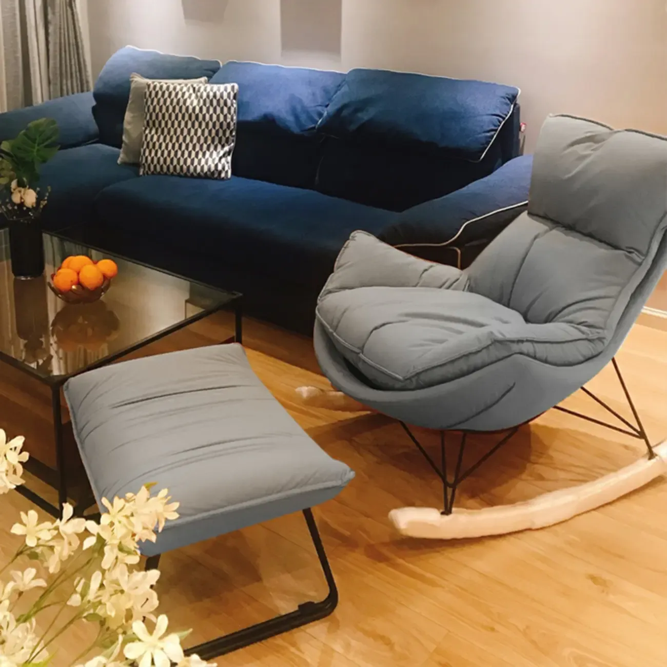 Mid Century Modern Upholstered Rocking Chair with Ottoman Image - 21