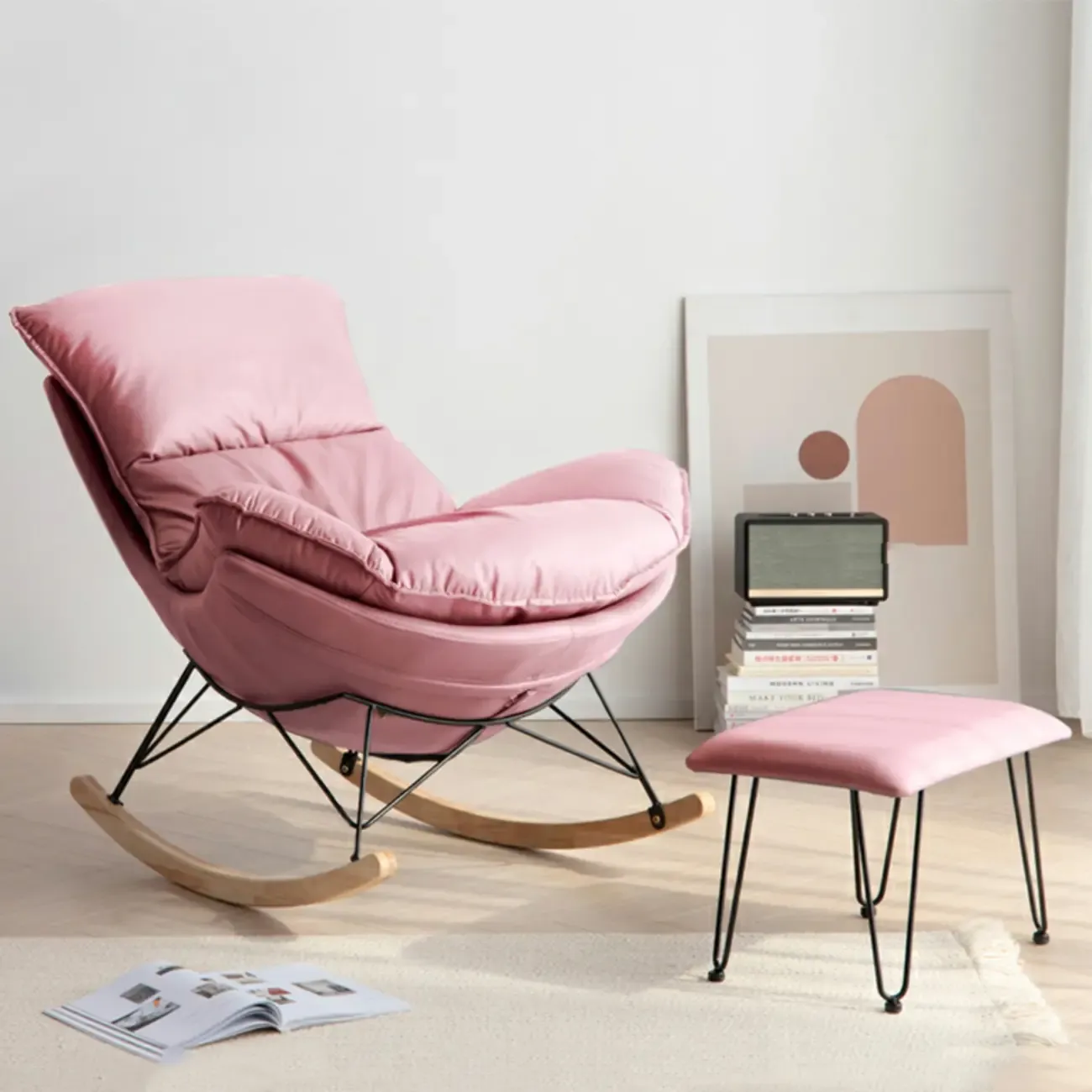 Mid Century Modern Upholstered Rocking Chair with Ottoman Image - 22