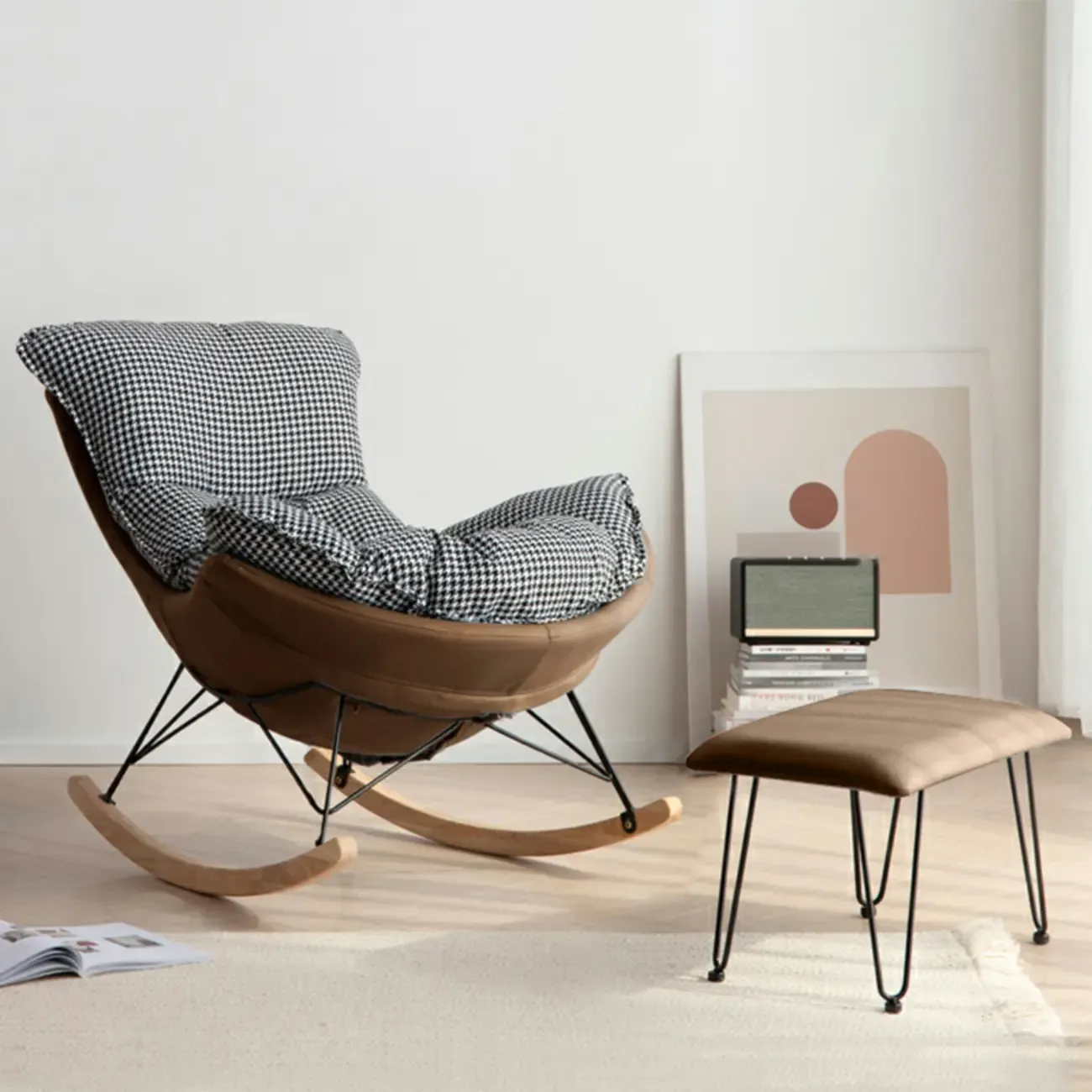 Mid Century Modern Upholstered Rocking Chair with Ottoman Image - 23