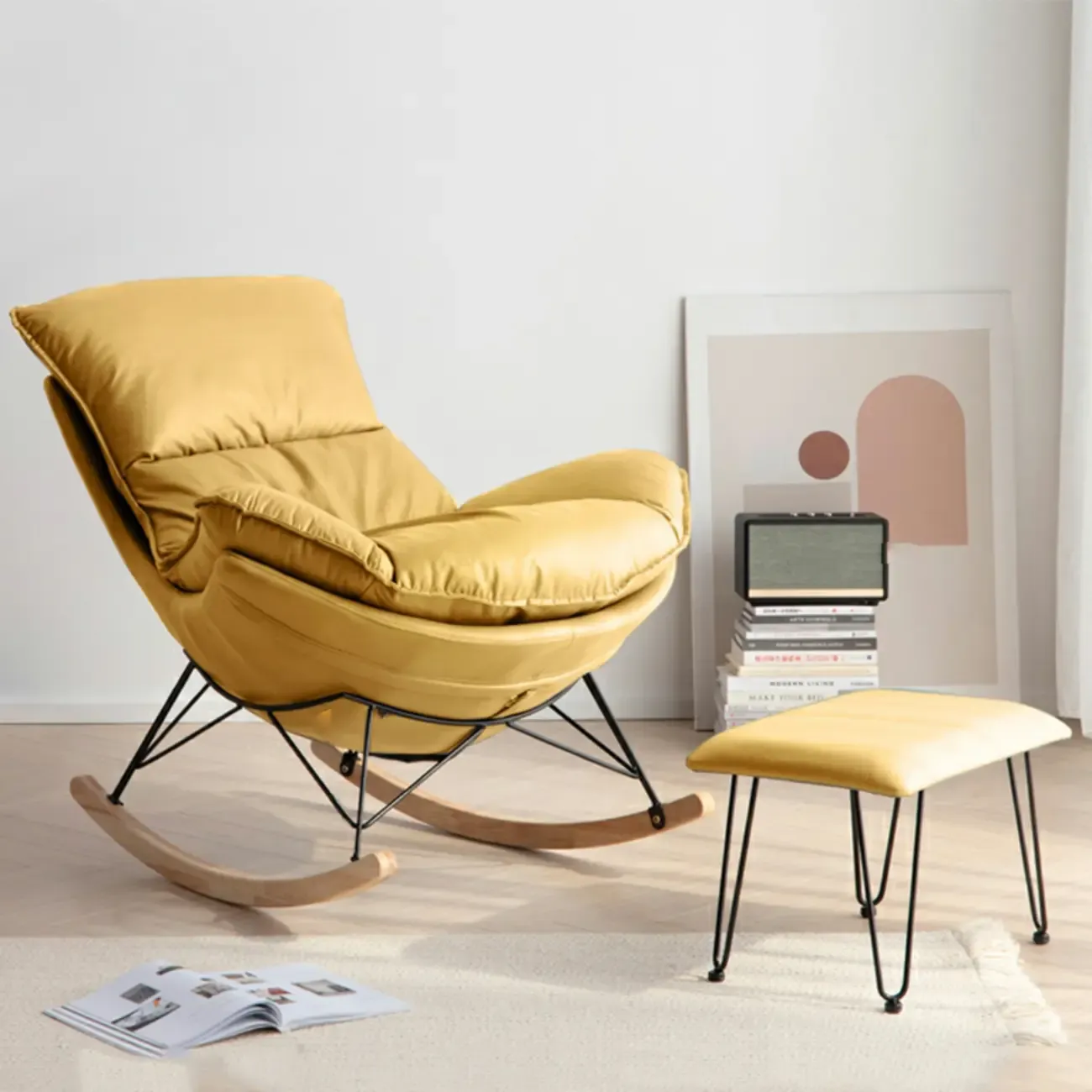 Mid Century Modern Upholstered Rocking Chair with Ottoman Image - 24