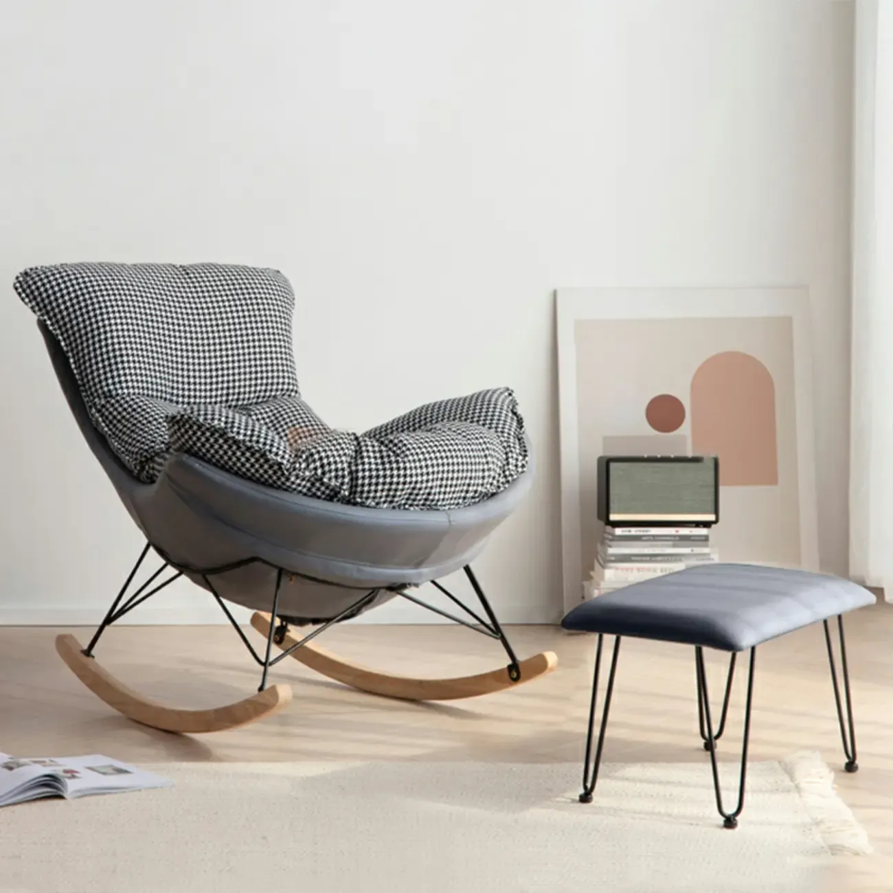 Mid Century Modern Upholstered Rocking Chair with Ottoman Image - 25