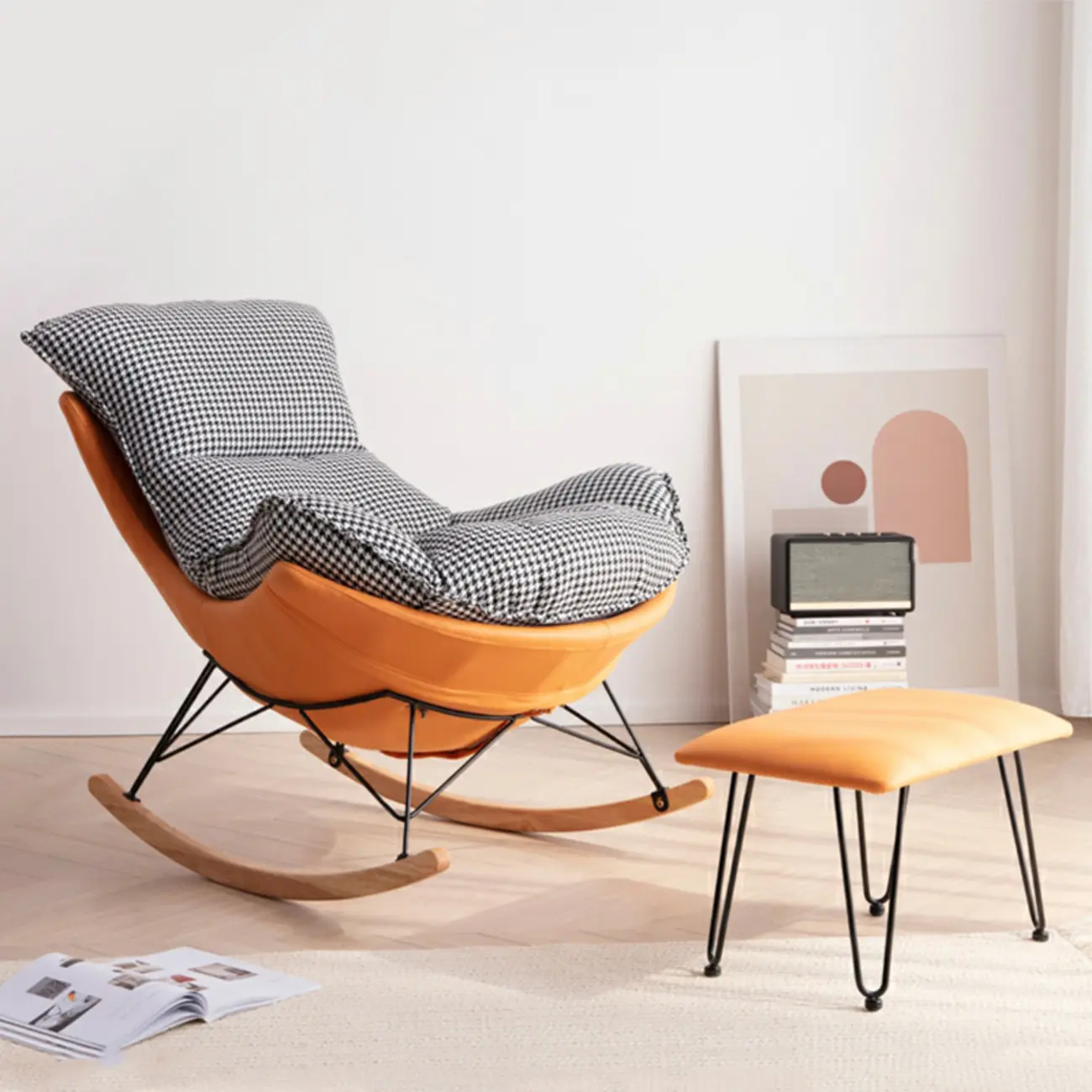 Mid Century Modern Upholstered Rocking Chair with Ottoman Image - 26 | homeyfad