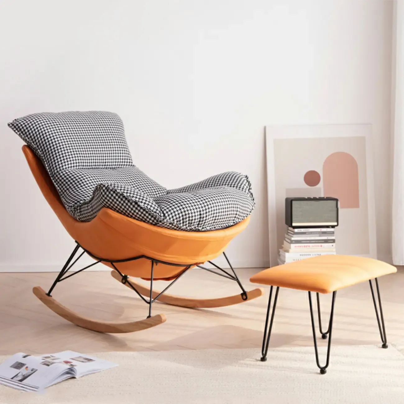 Mid Century Modern Upholstered Rocking Chair with Ottoman Image - 26