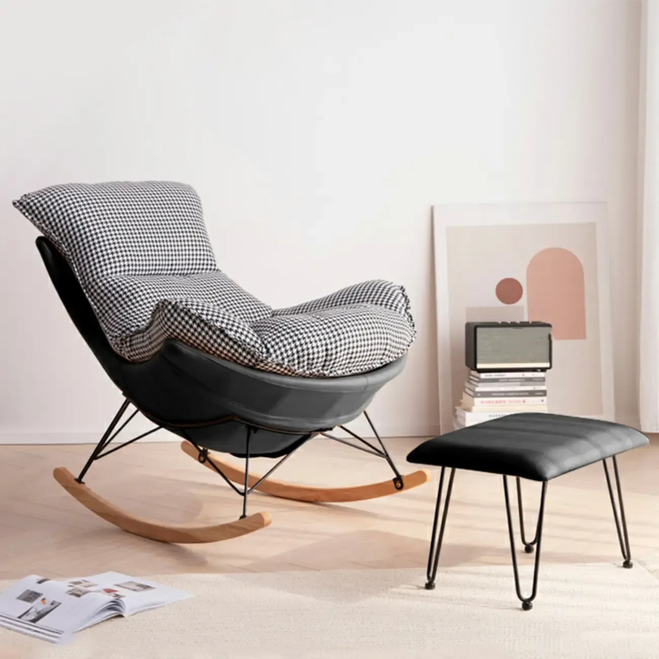 Mid Century Modern Upholstered Rocking Chair with Ottoman Image - 27