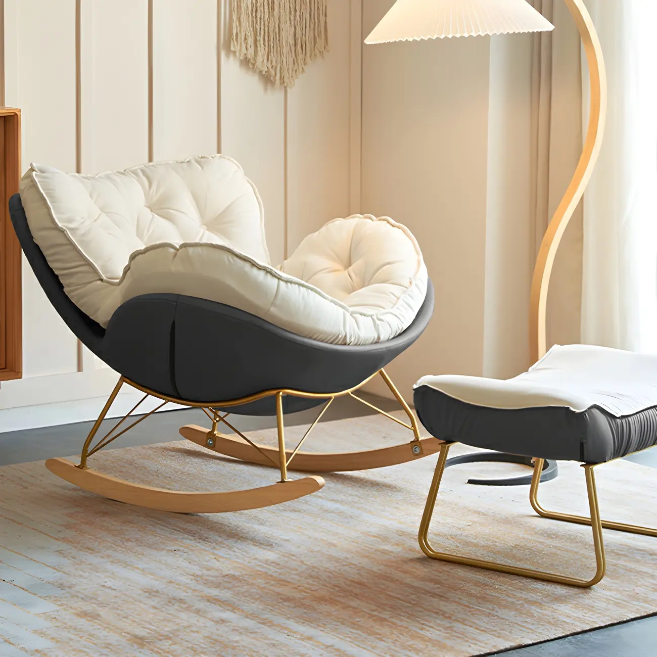 Creamy Upholstered Rocking Chair with Ottoman for Living Room Image - 22 | homeyfad