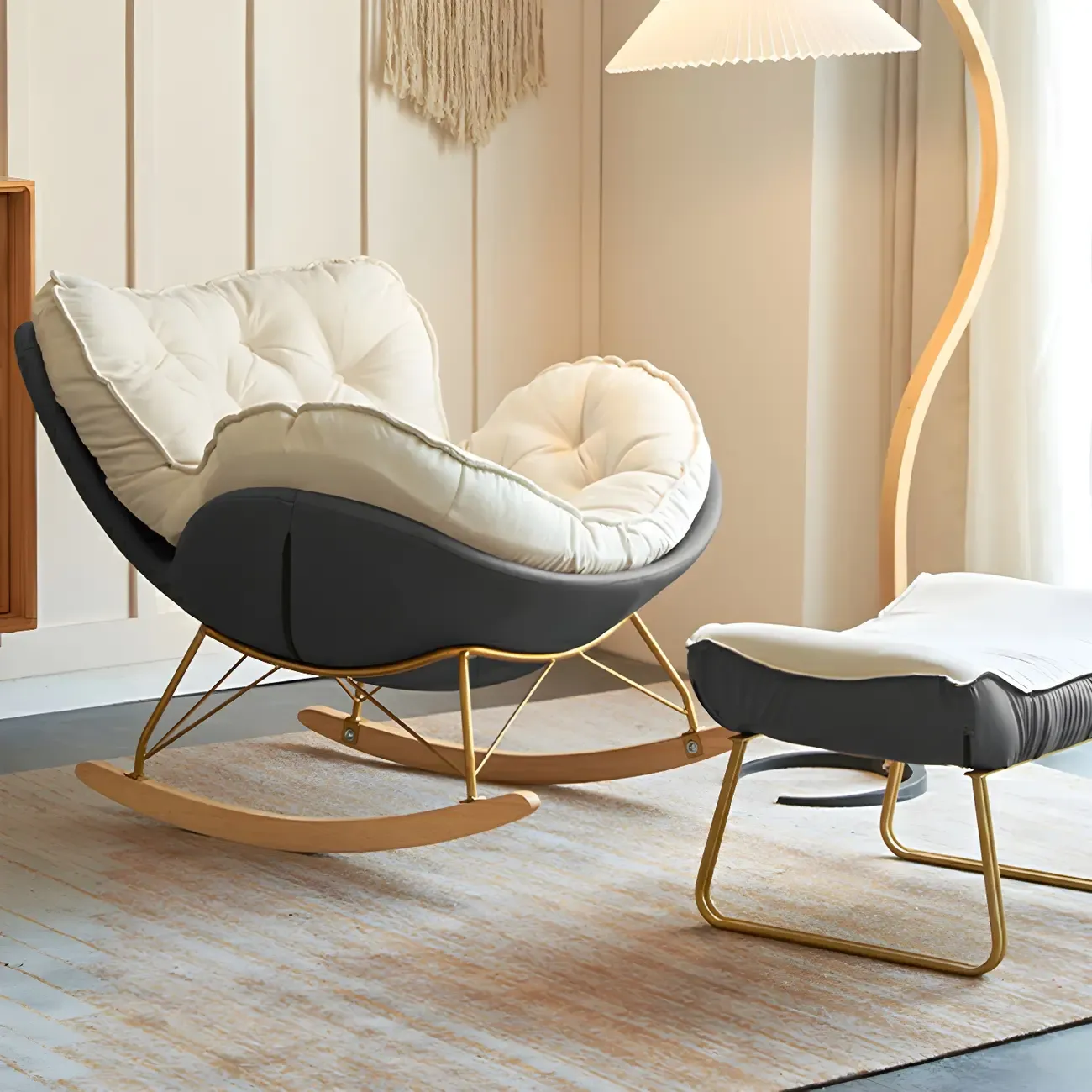 Creamy Upholstered Rocking Chair with Ottoman for Living Room Image - 22