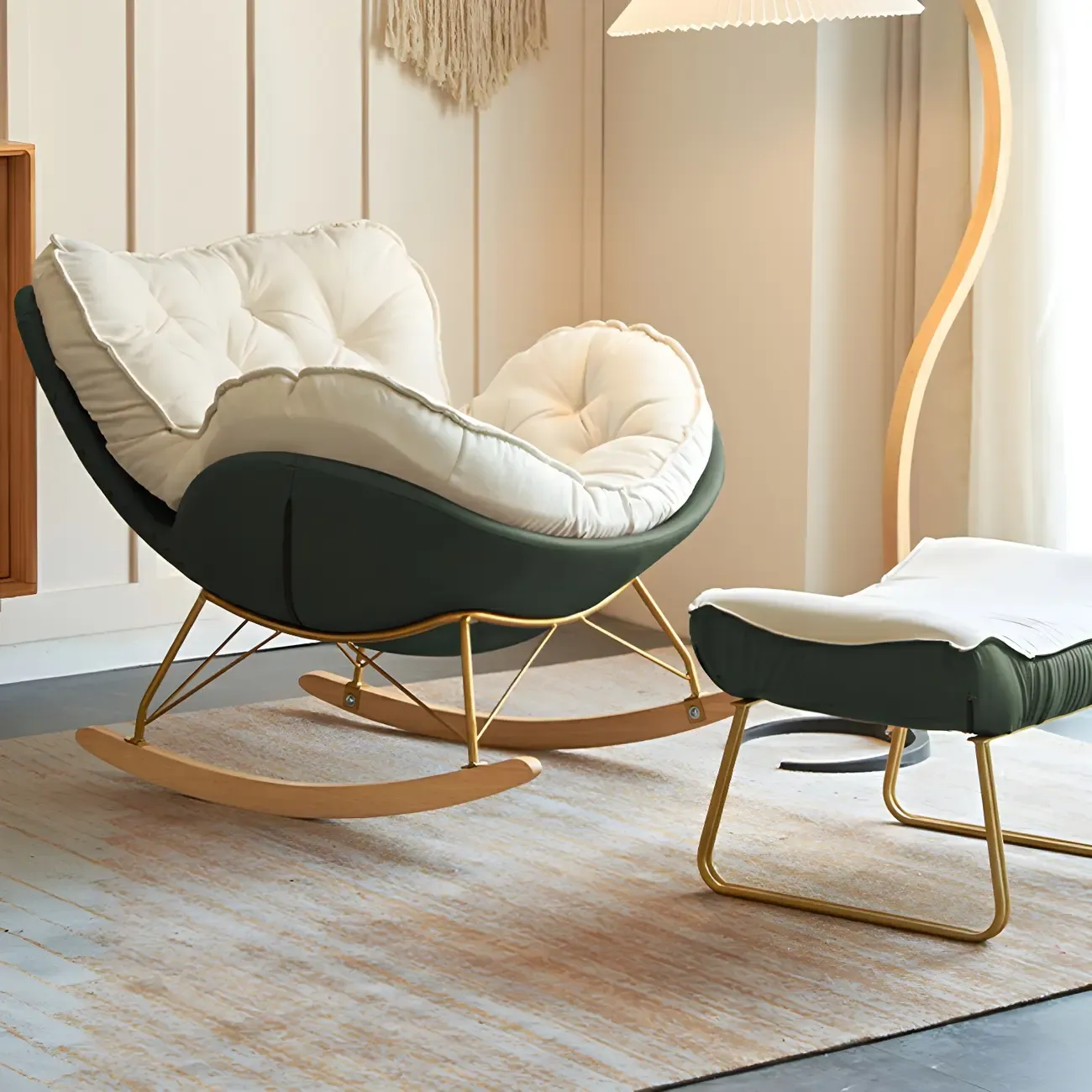 Creamy Upholstered Rocking Chair with Ottoman for Living Room Image - 23