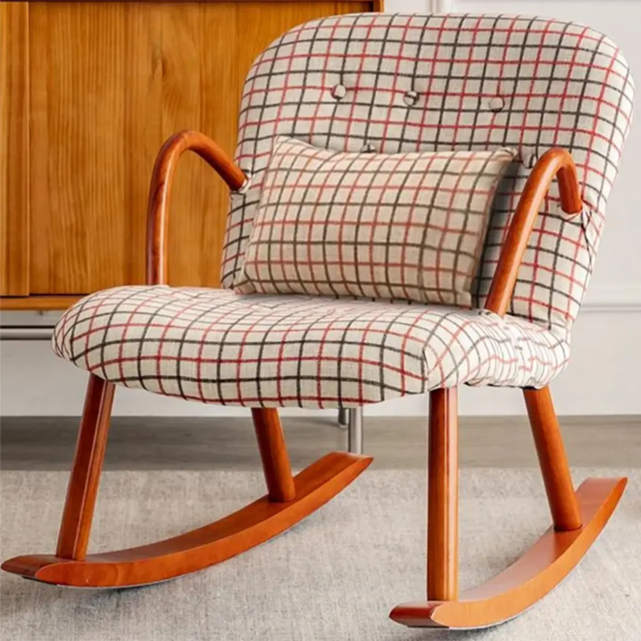 Rustic Upholstered Wood Rocking Chair with Pillow for Living Room Image - 3 | homeyfad