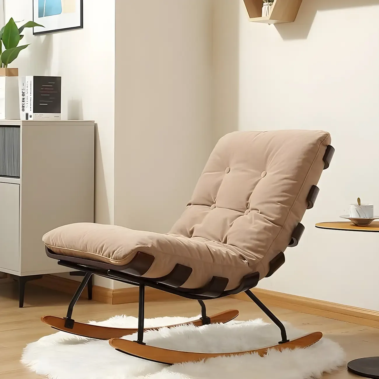 Minimalistic Flannel Cushioned Rocking Chair for Living Room Image - 1