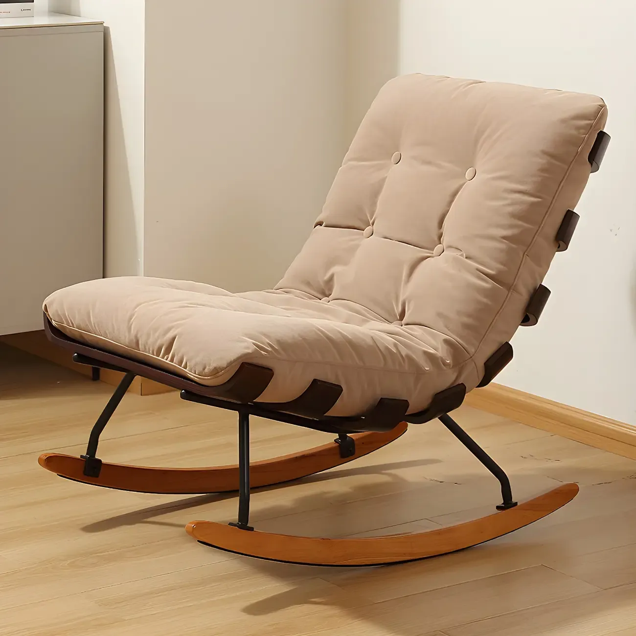 Minimalistic Flannel Cushioned Rocking Chair for Living Room Image - 3