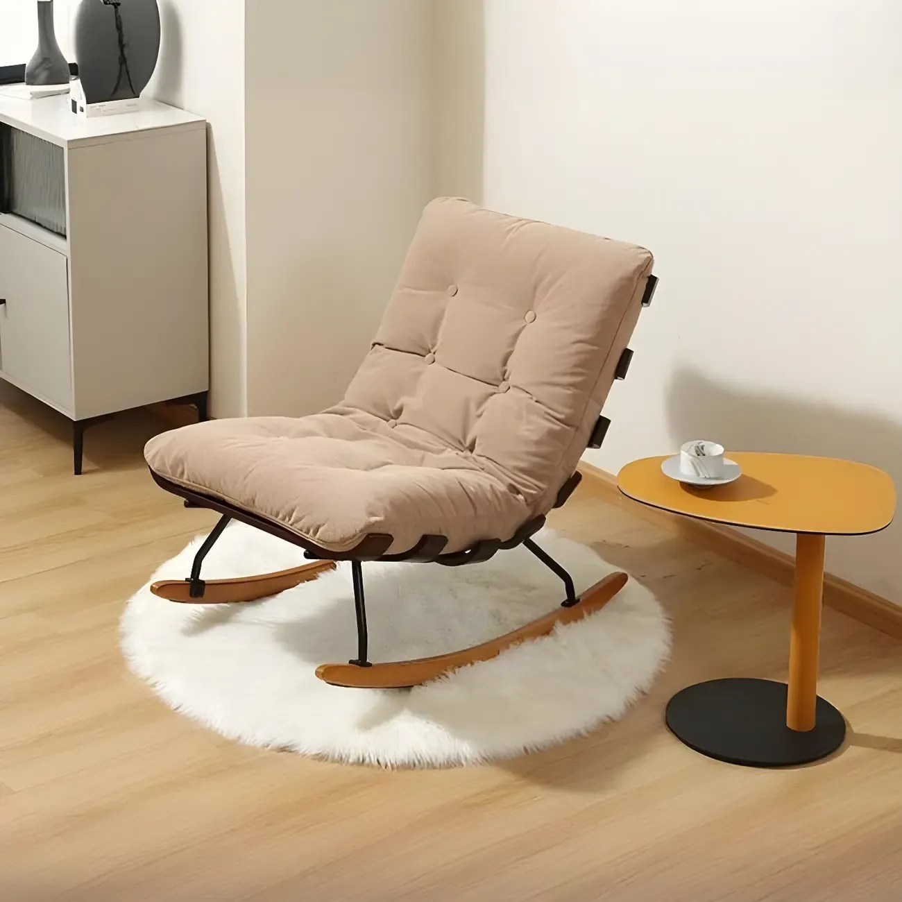 Minimalistic Flannel Cushioned Rocking Chair for Living Room Image - 6