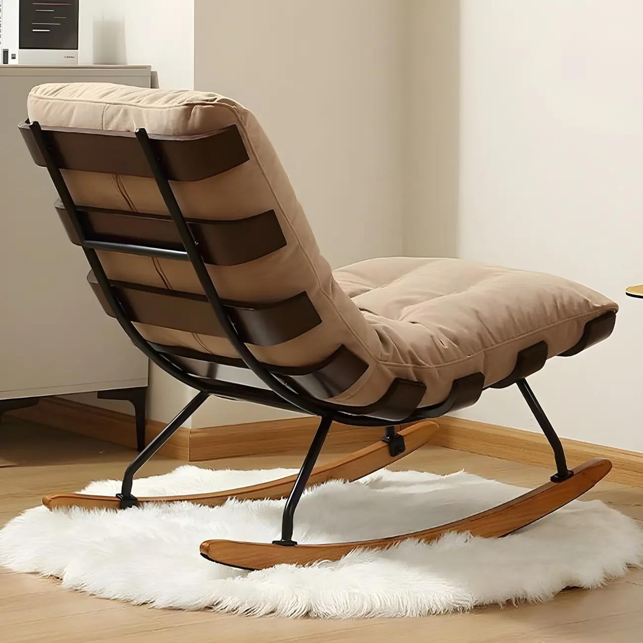 Minimalistic Flannel Cushioned Rocking Chair for Living Room Image - 10 | homeyfad