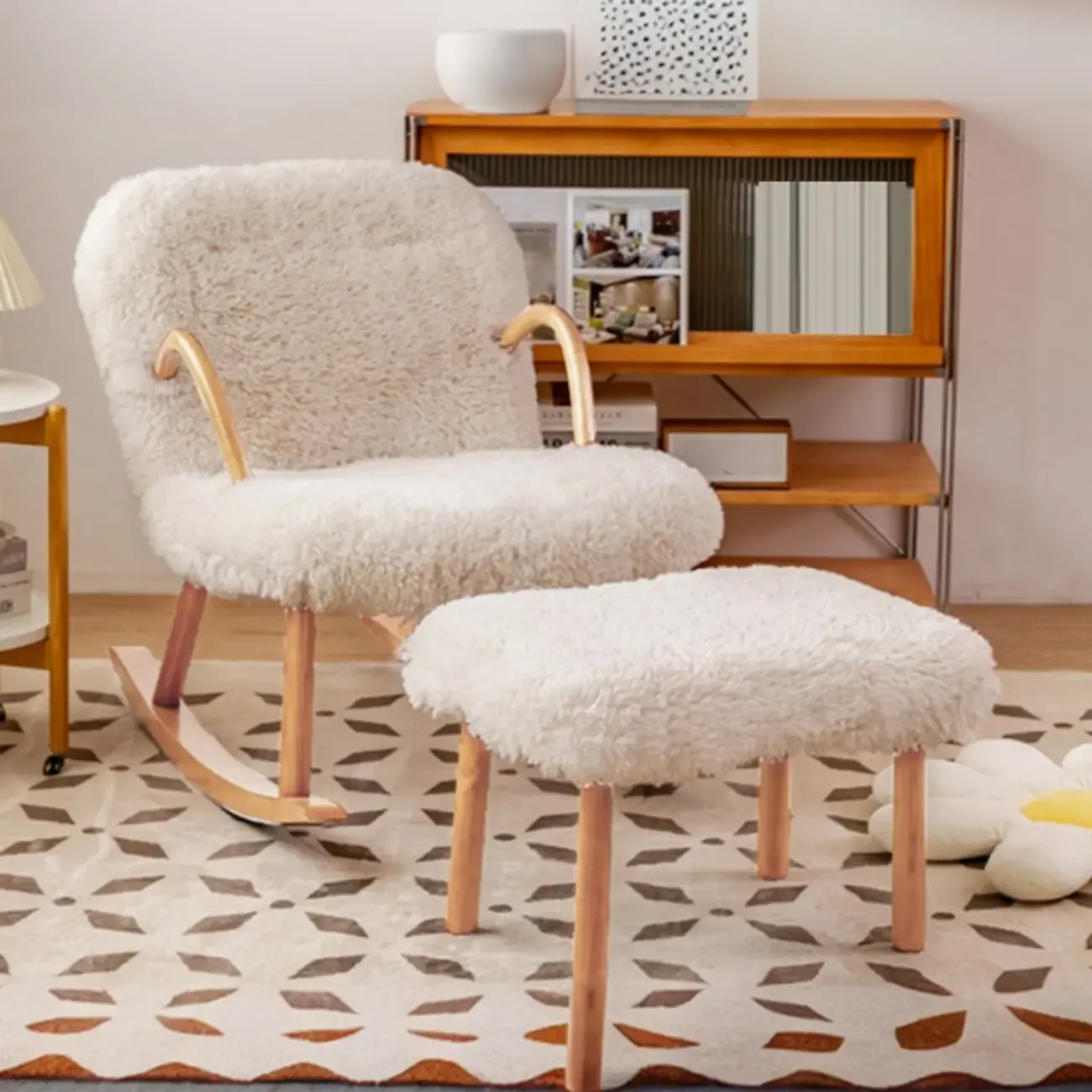 Wood Upholstered Track Arms Rocking Chair Optional Ottoman Image - 2