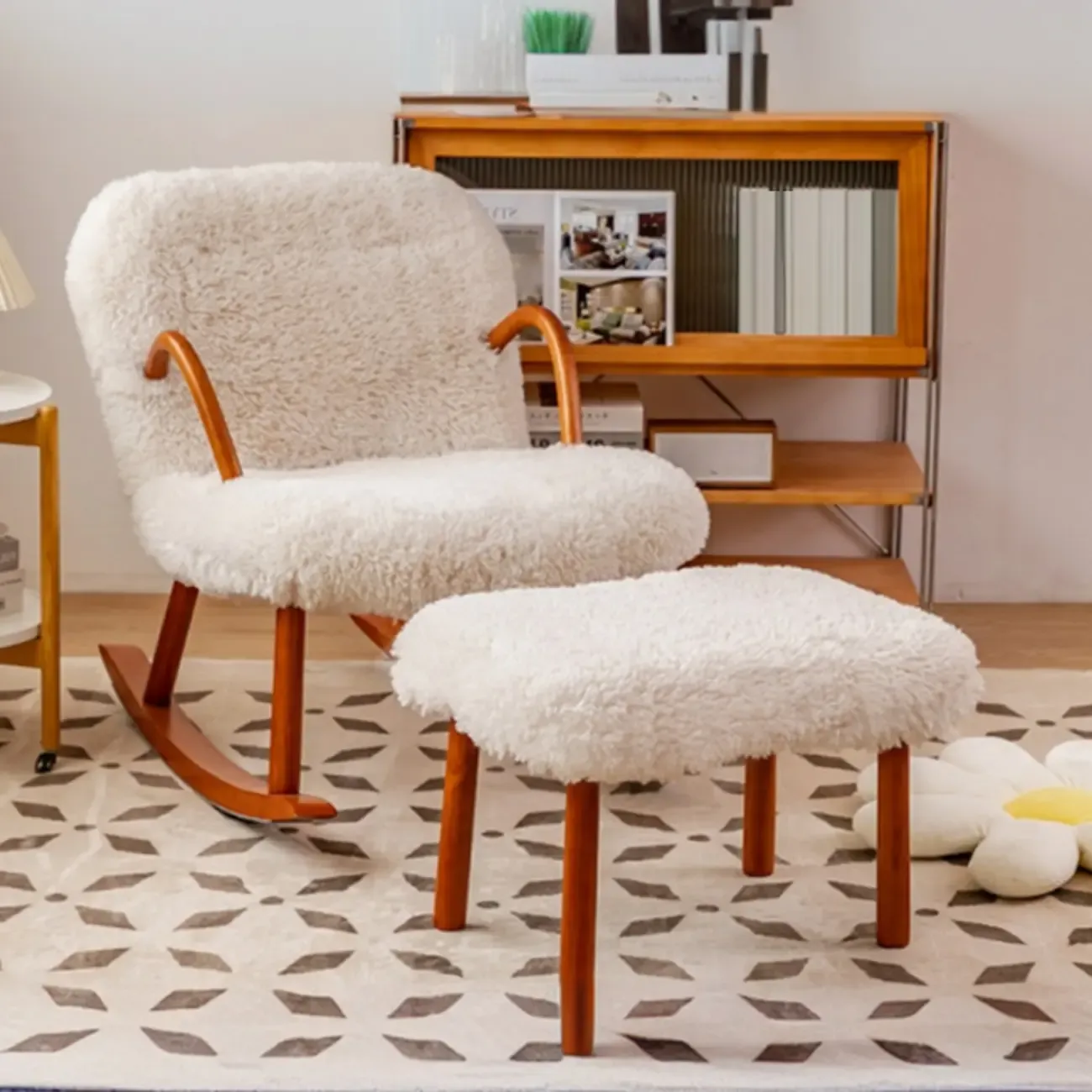 Wood Upholstered Track Arms Rocking Chair Optional Ottoman Image - 4