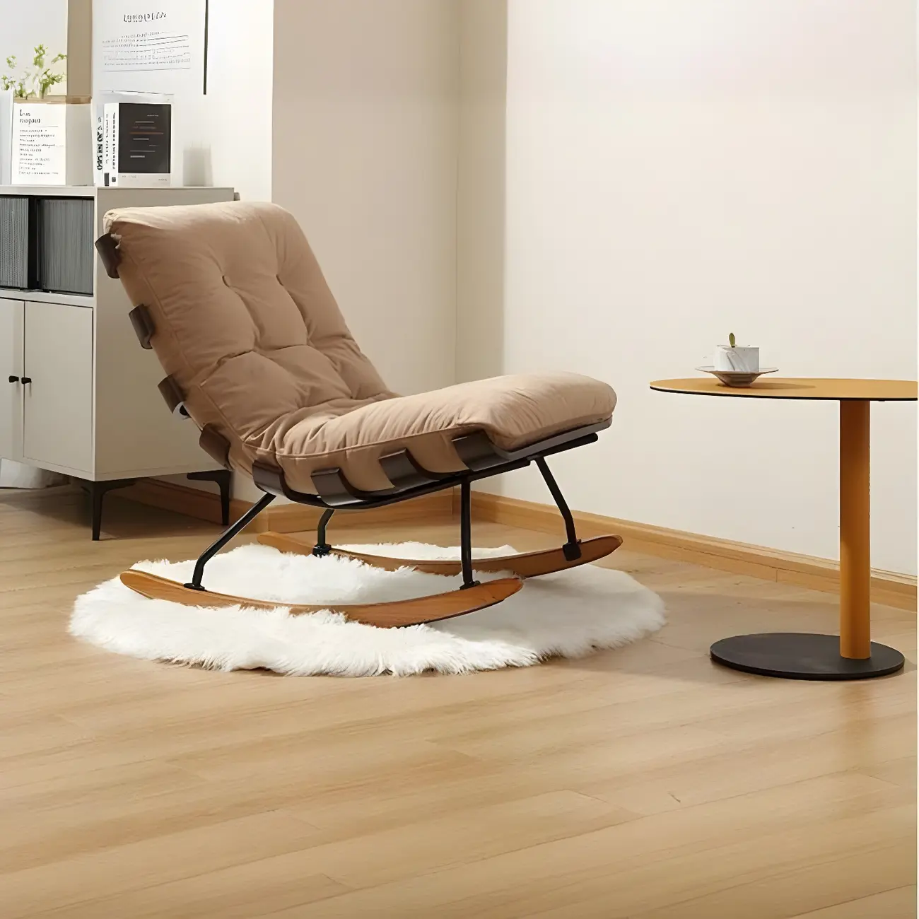 Minimalistic Flannel Cushioned Rocking Chair for Living Room Image - 14 | homeyfad