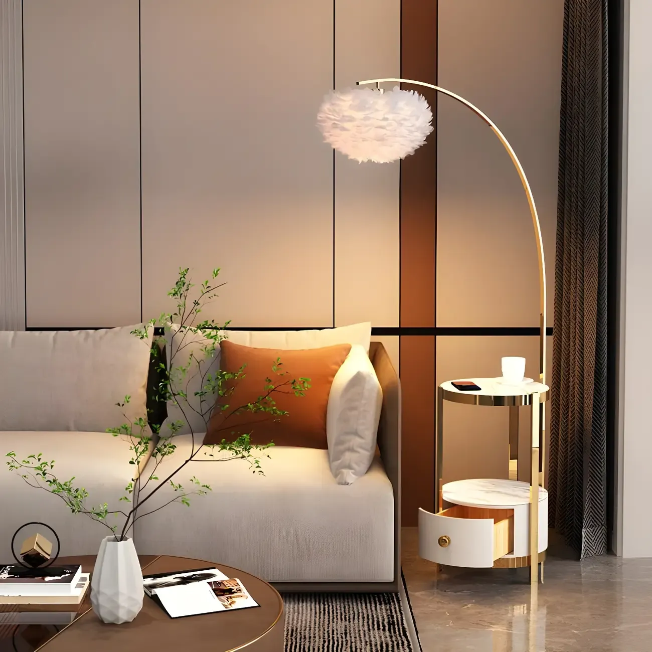 Feather Floor Lamp with Shelves for Living Room Image - 1