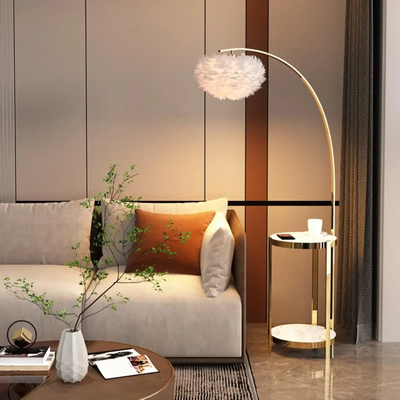 Feather Floor Lamp with Shelves for Living Room Image - 3