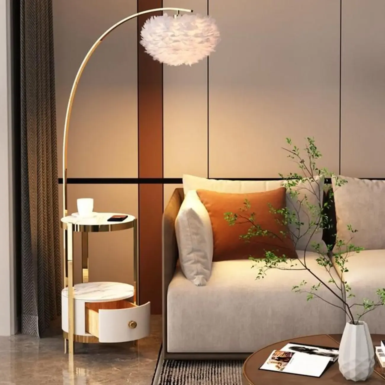 Feather Floor Lamp with Shelves for Living Room Image - 7