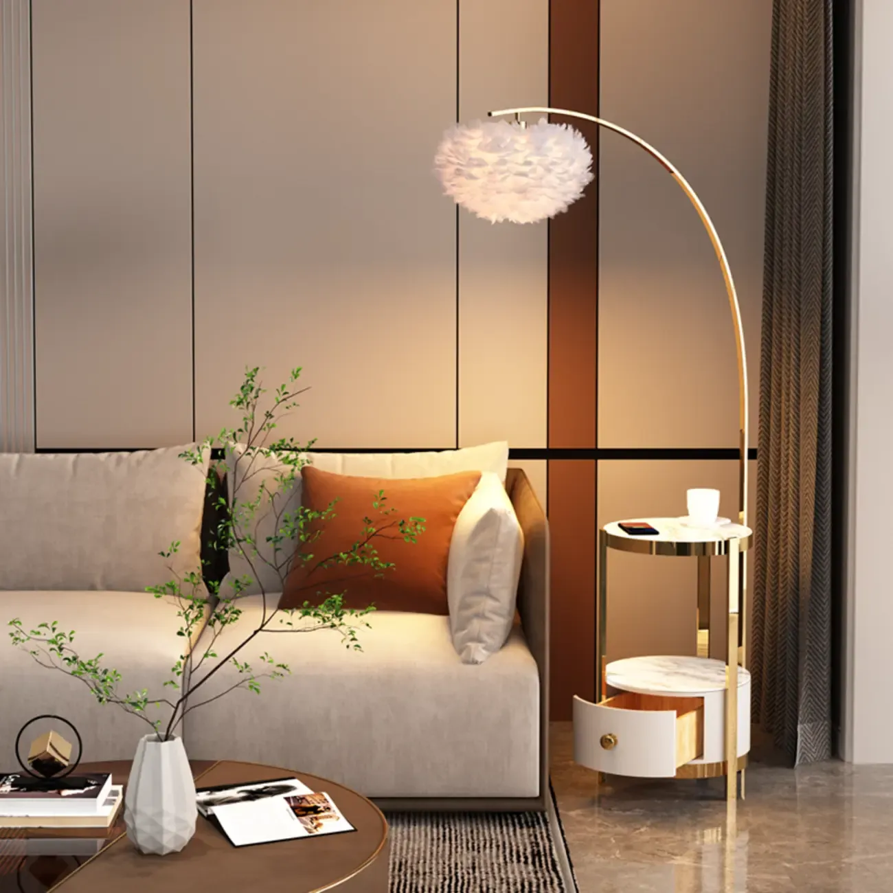 Feather Floor Lamp with Shelves for Living Room Image - 24