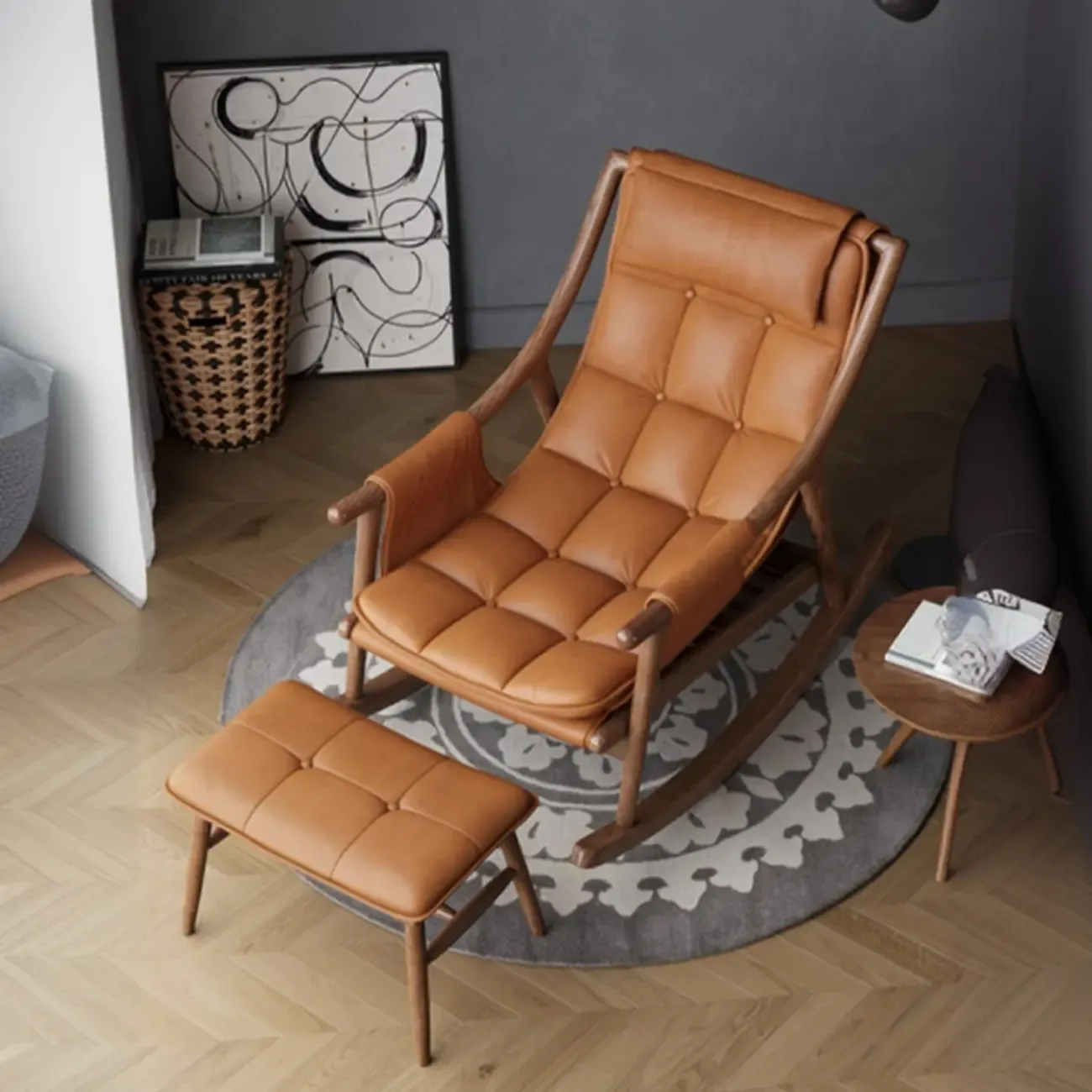 Modern Wood Nappa Upholstered Rocking Chair with Footstool Image - 1