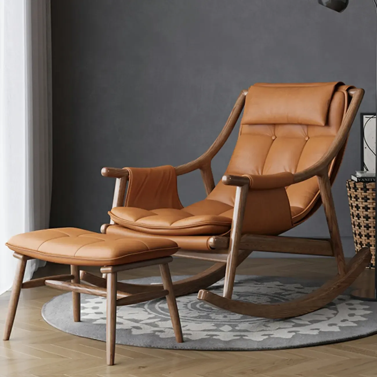 Modern Wood Nappa Upholstered Rocking Chair with Footstool Image - 4
