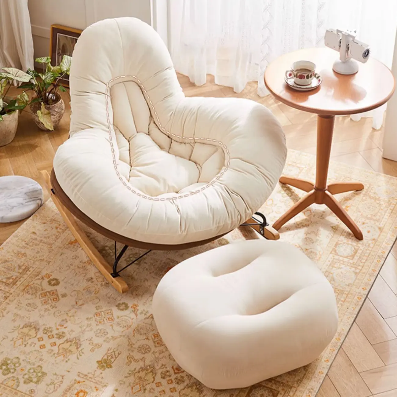 Wide Seat Upholstered Rocking Chair in Beige with Ottoman  Image - 1 | homeyfad