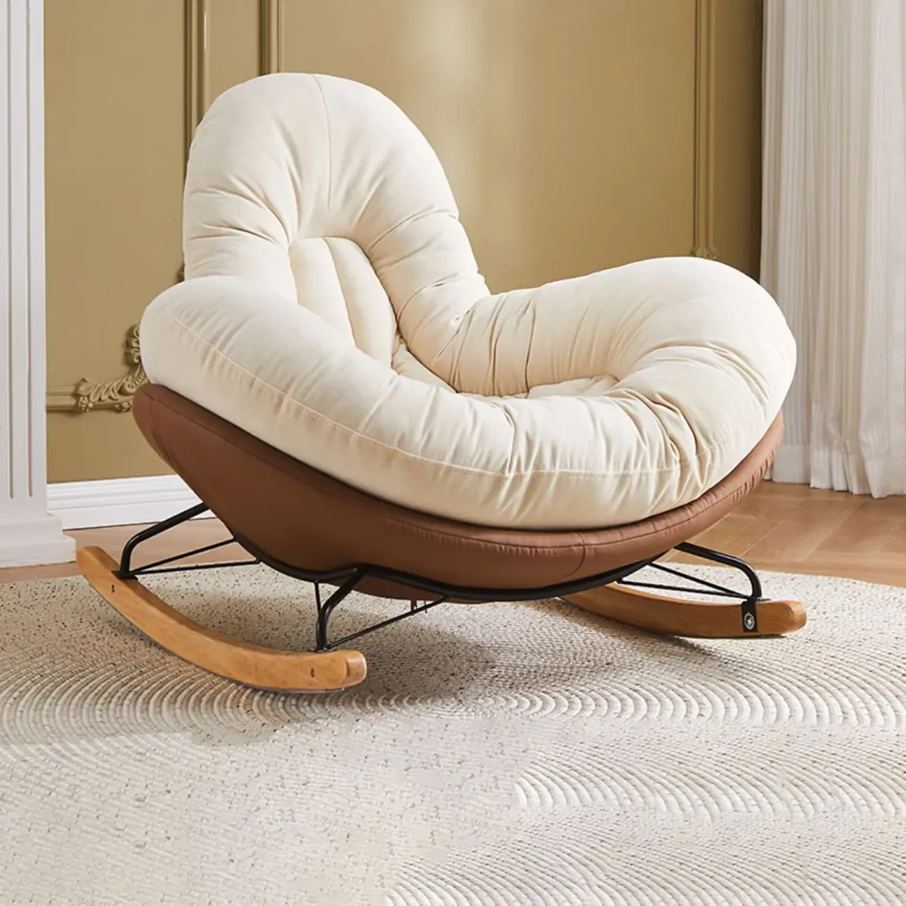 Wide Seat Upholstered Rocking Chair in Beige with Ottoman  Image - 2