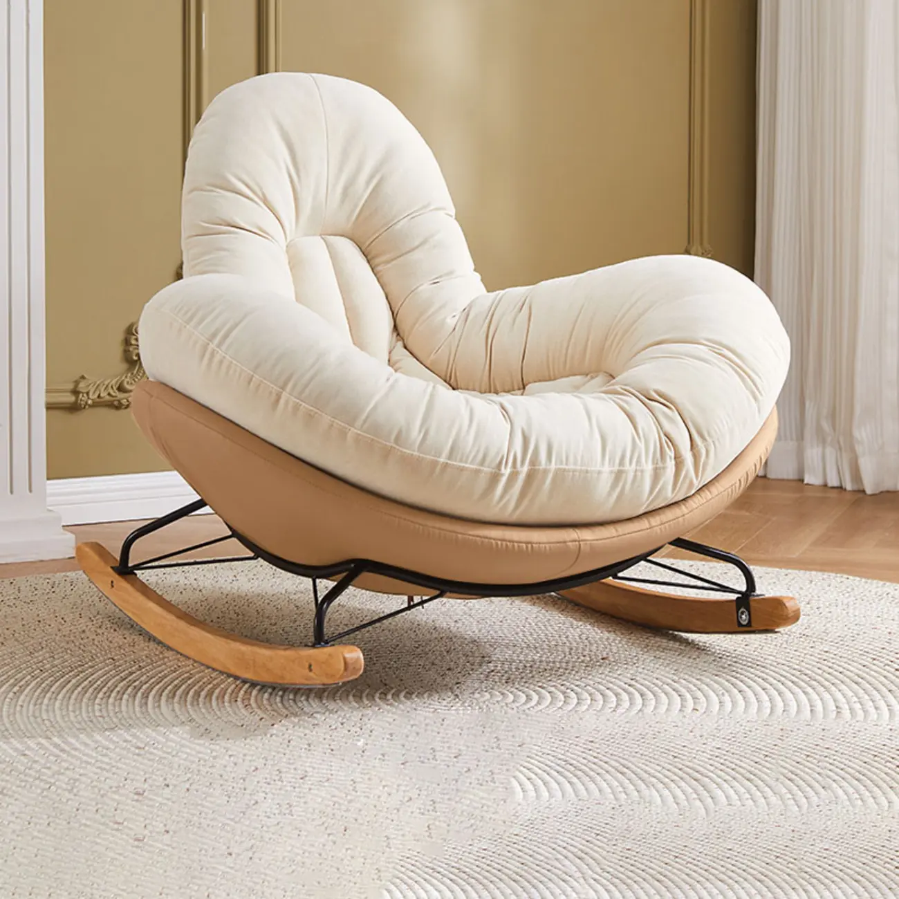 Wide Seat Upholstered Rocking Chair in Beige with Ottoman  Image - 3 | homeyfad