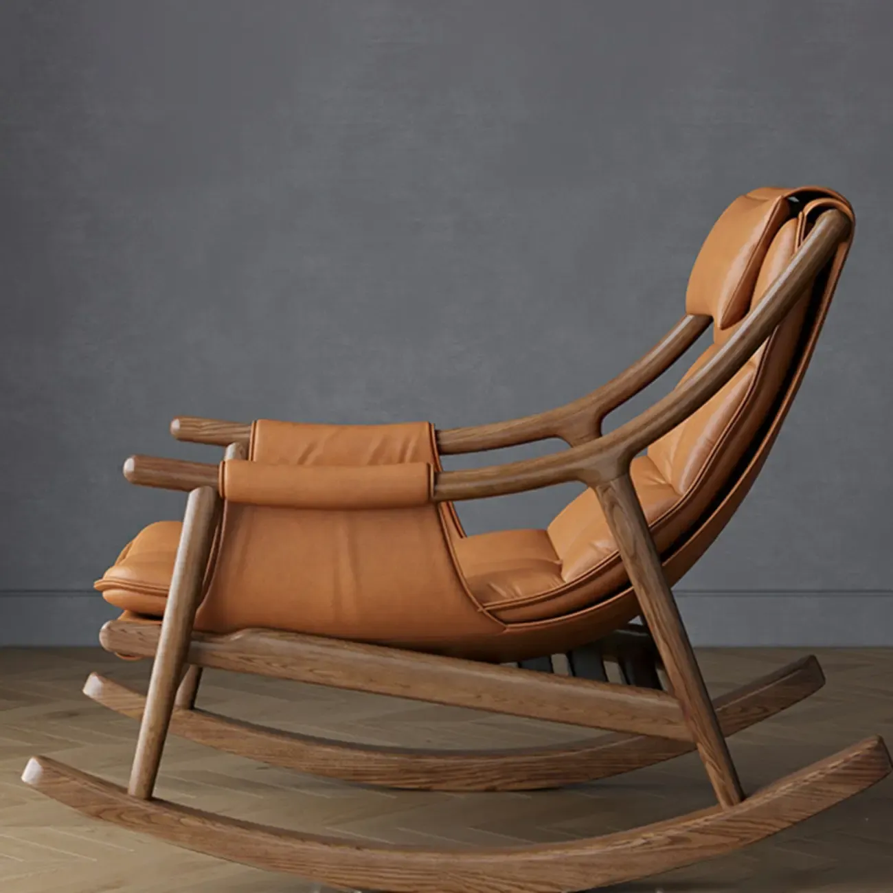 Modern Wood Nappa Upholstered Rocking Chair with Footstool Image - 8