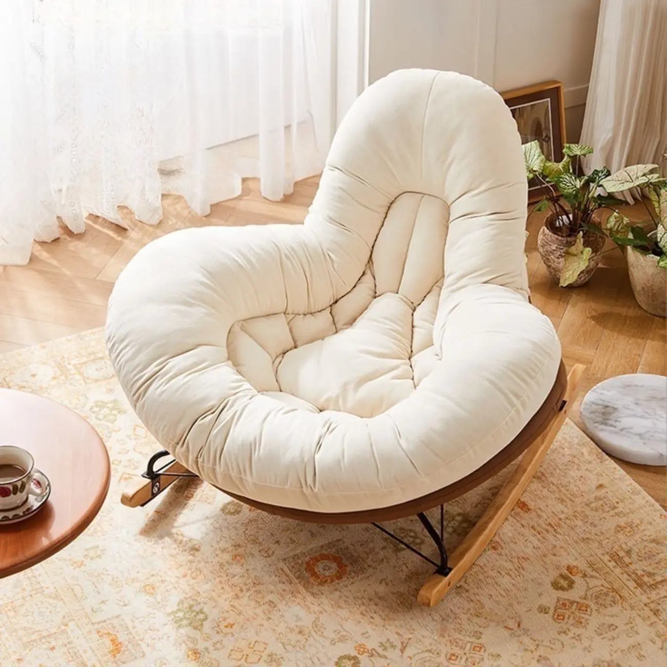 Wide Seat Upholstered Rocking Chair in Beige with Ottoman  Image - 4 | homeyfad