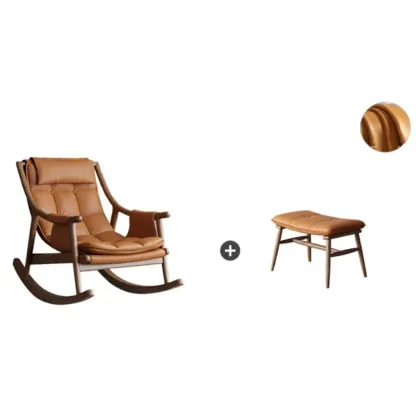 Modern Wood Nappa Upholstered Rocking Chair with Footstool Image - 11