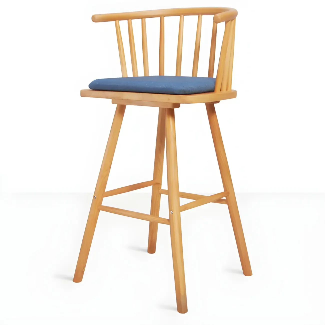Traditional Wooden Low Back Bar Stool with Cushioned Seat Image - 1