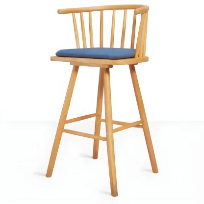 Traditional Wooden Low Back Bar Stool with Cushioned Seat Image - 1