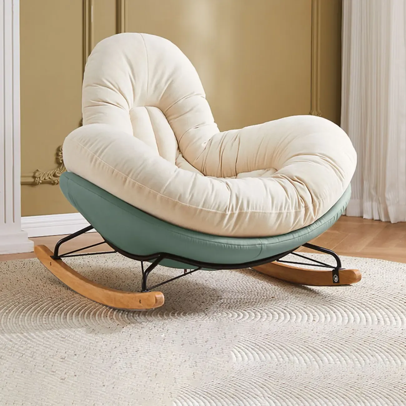 Wide Seat Upholstered Rocking Chair in Beige with Ottoman - HomeyFad