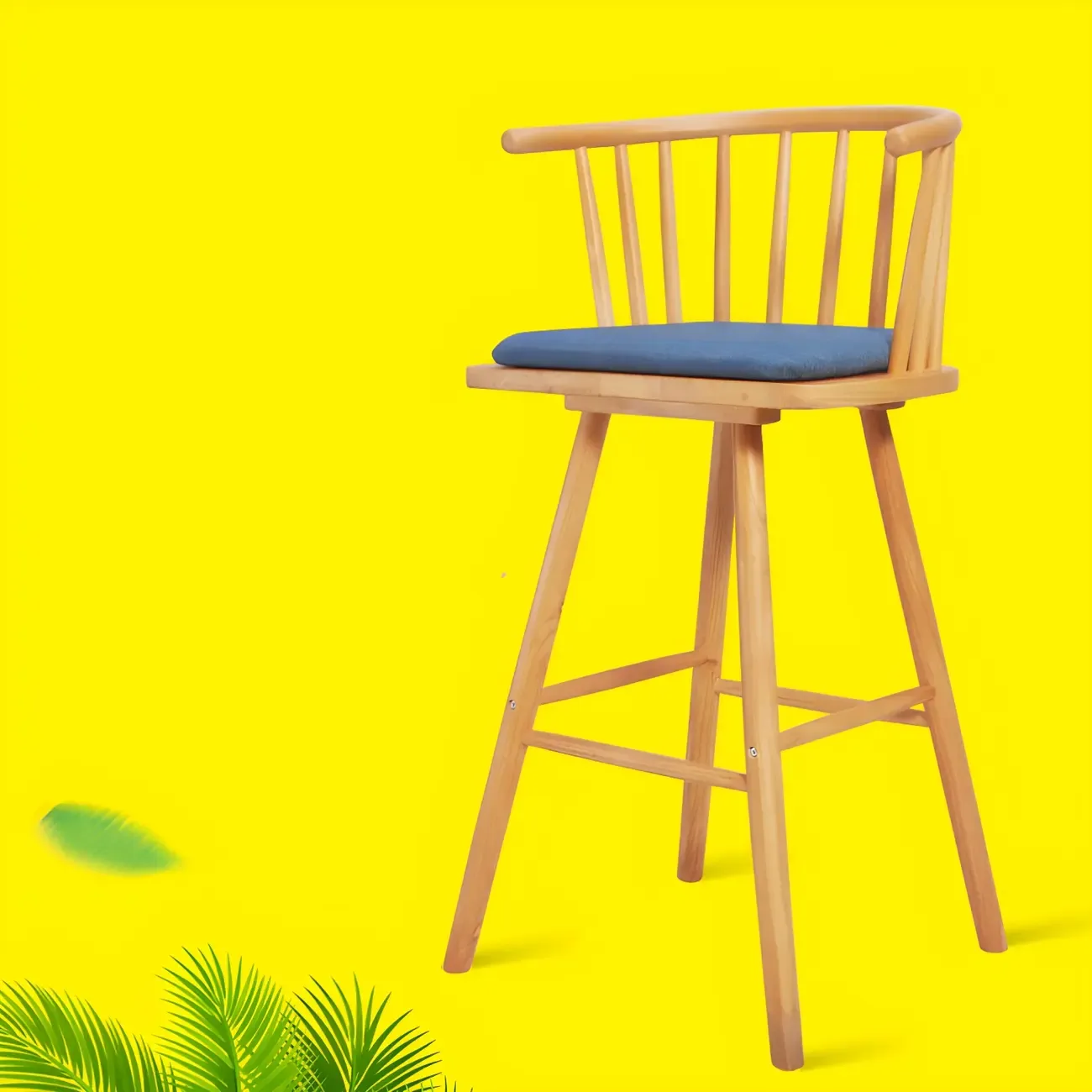 Traditional Wooden Low Back Bar Stool with Cushioned Seat Image - 12