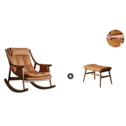 Modern Wood Nappa Upholstered Rocking Chair with Footstool Image - 15