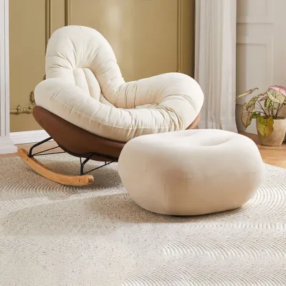 Wide Seat Upholstered Rocking Chair in Beige with Ottoman  Image - 9