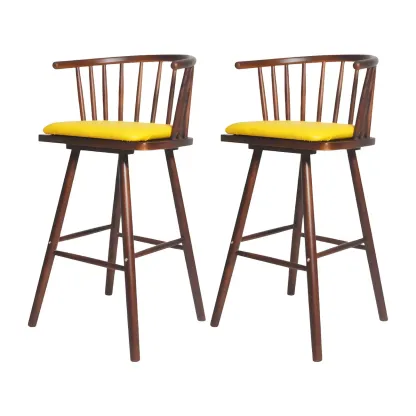 Traditional Wooden Low Back Bar Stool with Cushioned Seat Image - 29