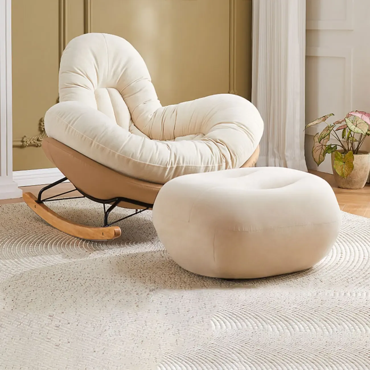 Wide Seat Upholstered Rocking Chair in Beige with Ottoman  Image - 11
