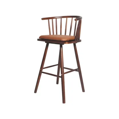 Traditional Wooden Low Back Bar Stool with Cushioned Seat Image - 49