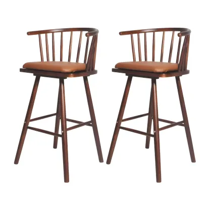 Traditional Wooden Low Back Bar Stool with Cushioned Seat Image - 50
