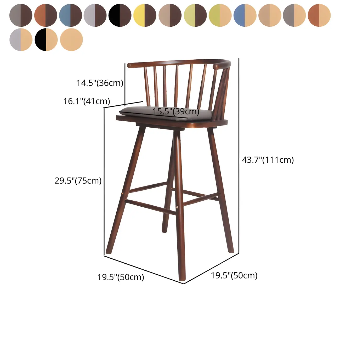 Traditional Wooden Low Back Bar Stool with Cushioned Seat #size | homeyfad