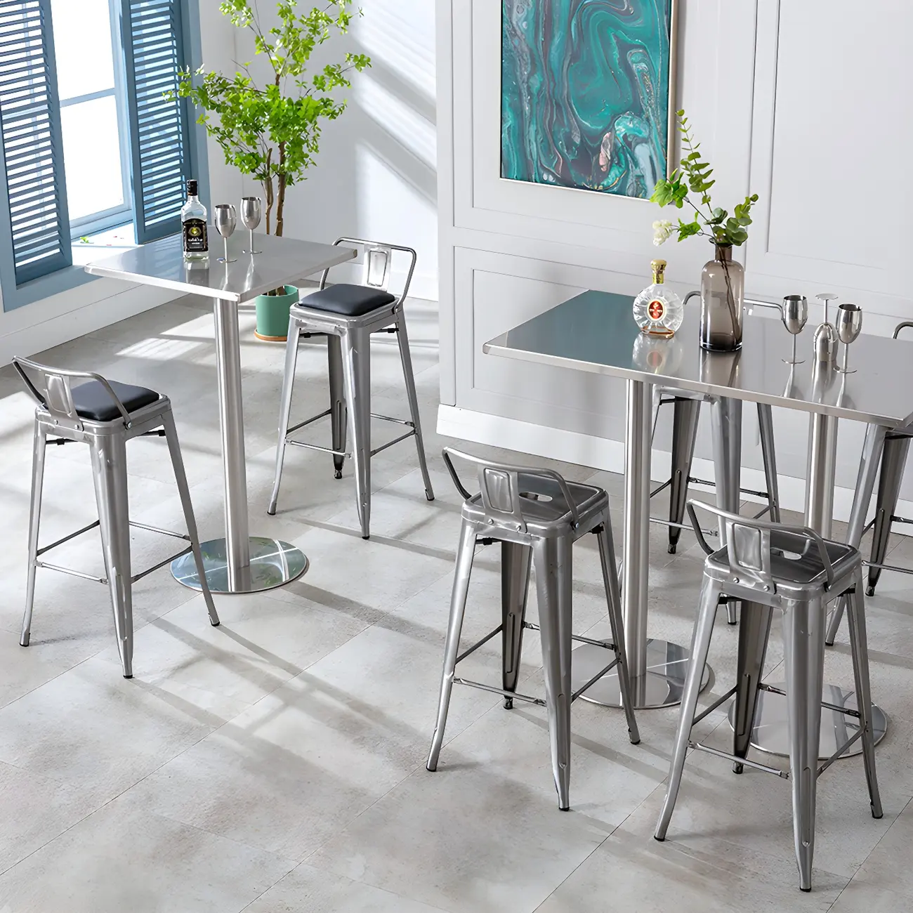 Industrial Metal Bar Stools with Low Back for Dining Room Image - 1 | homeyfad