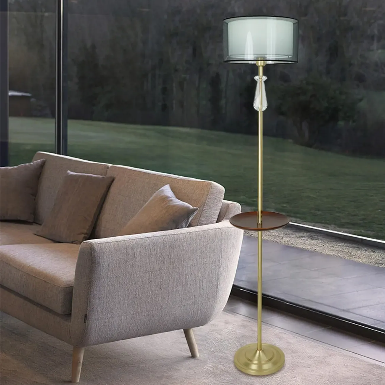 Modern White Floor Lamp with Shelf and Crystal for Living Room Image - 4