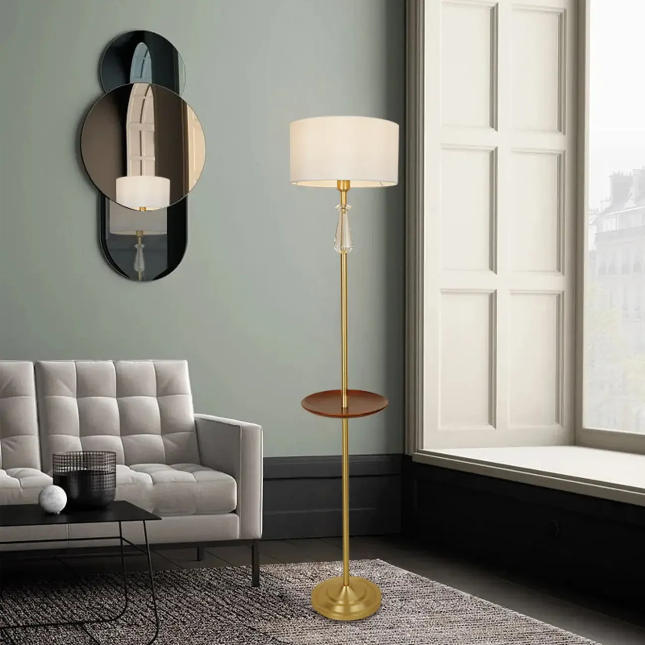 Modern White Floor Lamp with Shelf and Crystal for Living Room Image - 6