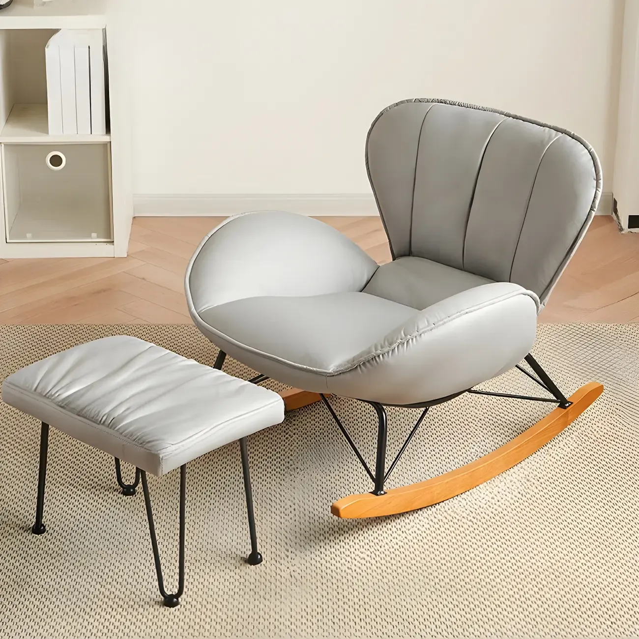 Wingback Faux Leather Rocking Chair with Ottoman for Indoor Image - 11