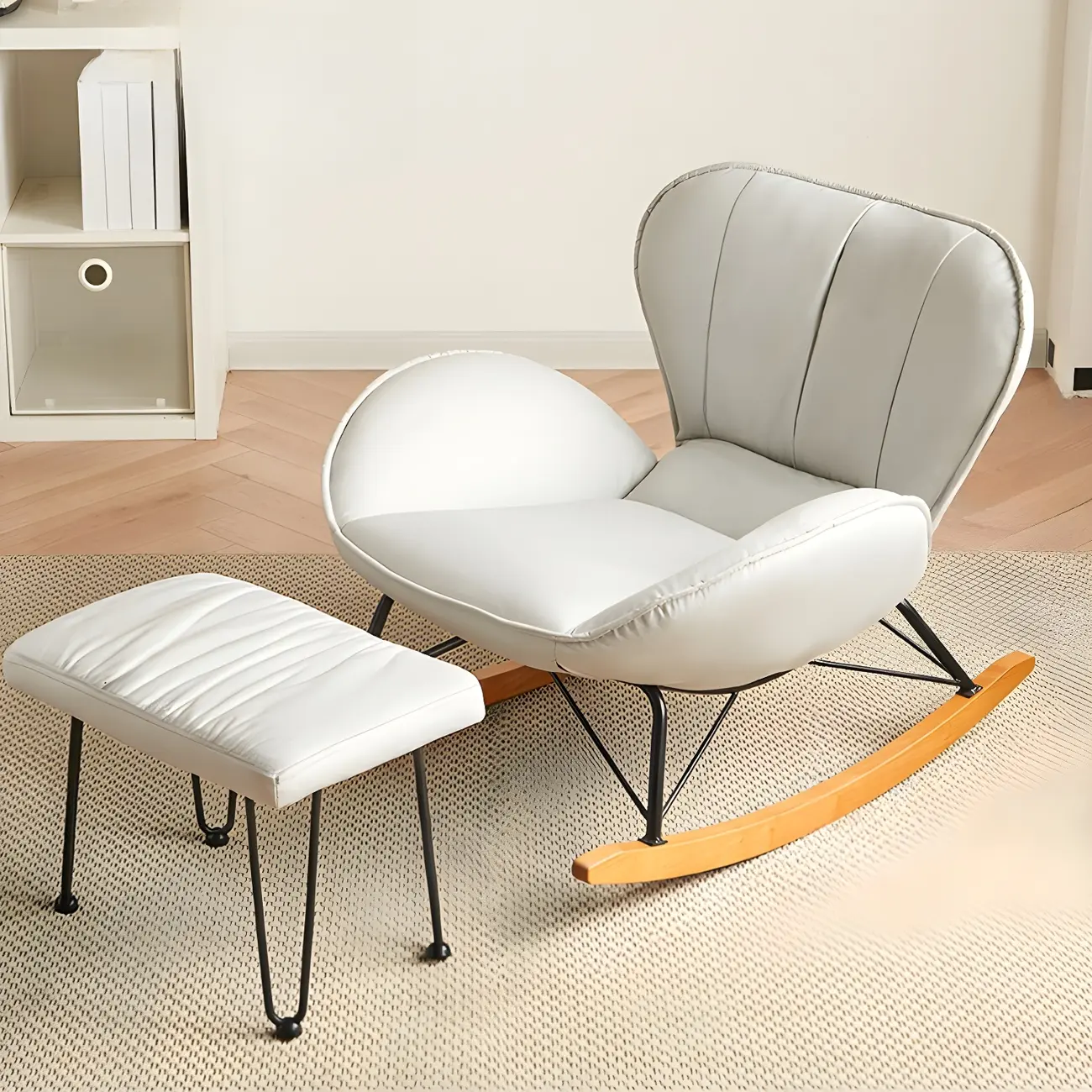 Wingback Faux Leather Rocking Chair with Ottoman for Indoor Image - 14 | homeyfad