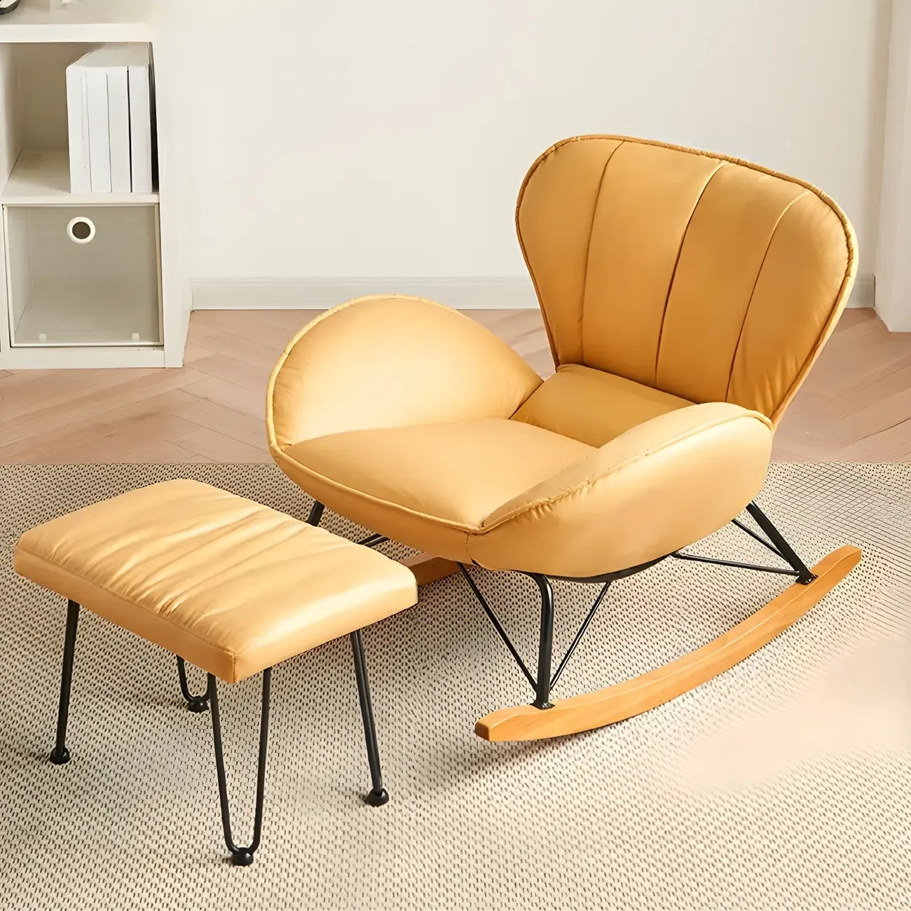 Wingback Faux Leather Rocking Chair with Ottoman for Indoor Image - 15
